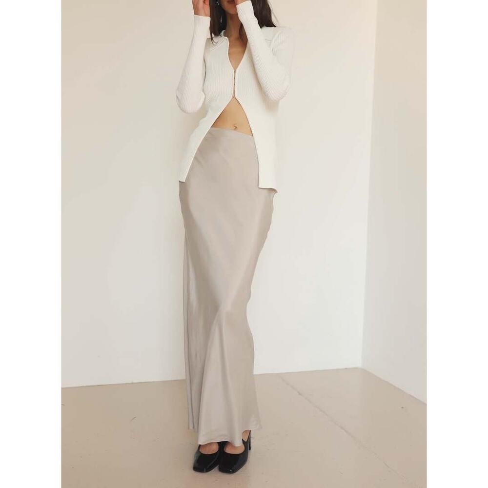 NIA The Label Silver Gray Cupro 90's Bias Cut Maxi Skirt XS Long Satin Slip EUC
